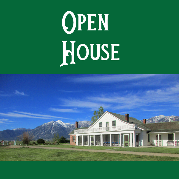 Green square with an exterior veiw of the Dangberg Home Ranch house and the words Open House