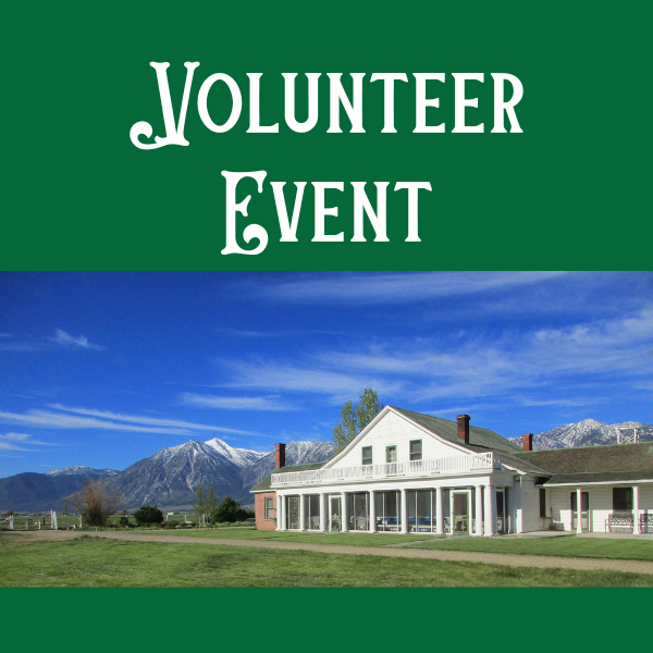 Green square with the exterior of the Dangberg Home Ranch house and the words Volunteer Event